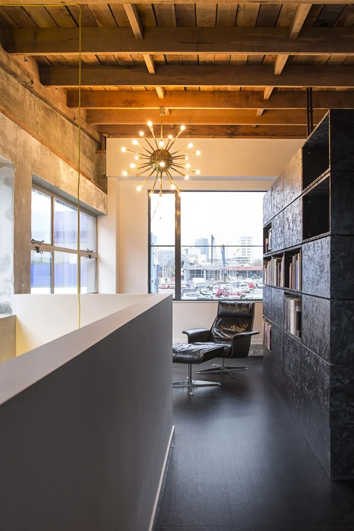 St Asaph Studio – Christchurch shared office with exposed rimu and bold colour by AW Architects & Deflux (2015).