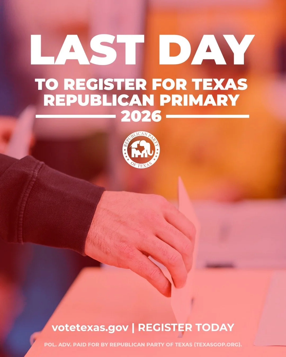 REMINDER: Today is the last day to register for the Texas Republican Primary on March 3, 2026.

Register or check your status at votetexas.gov
