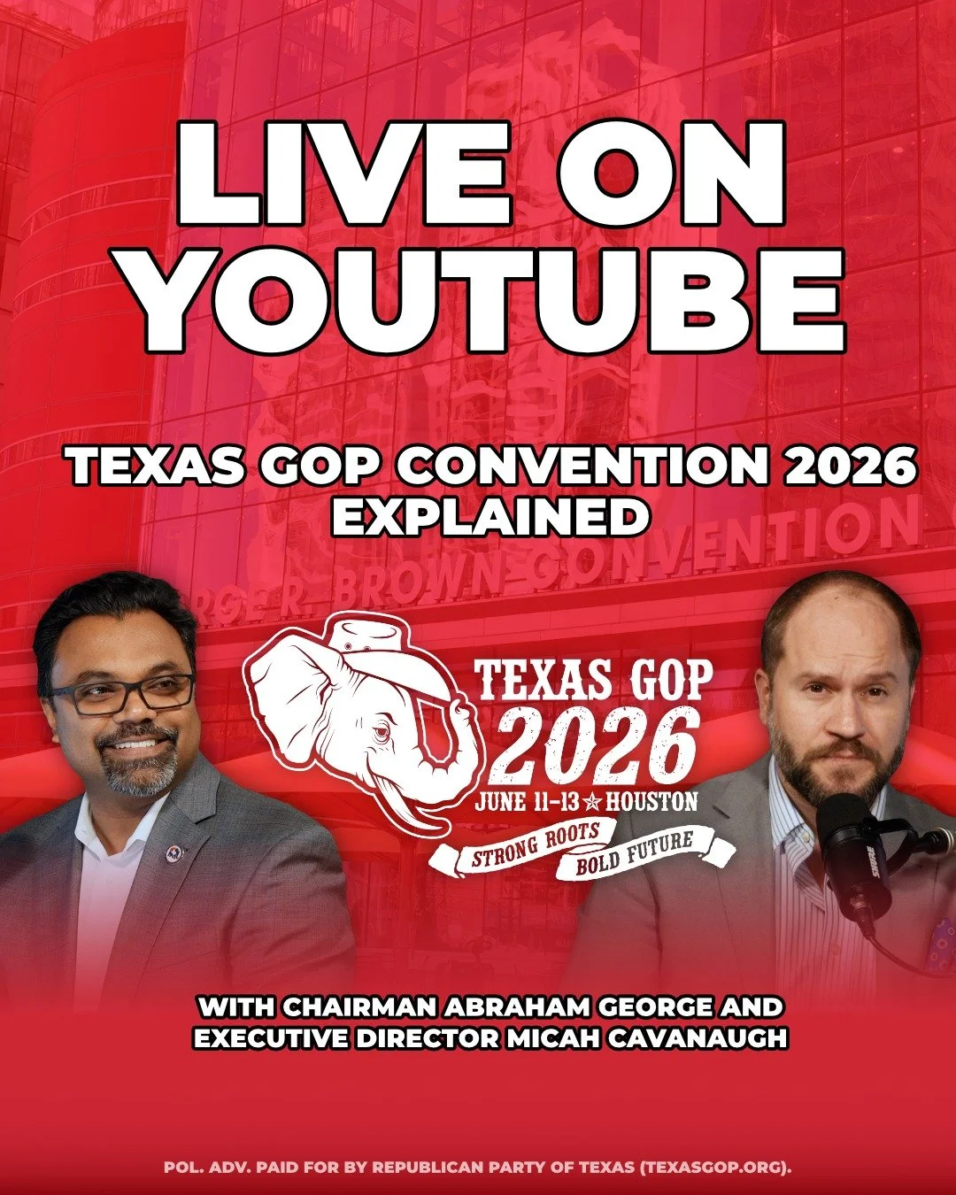 🚨 NOW LIVE ON YOUTUBE 🚨

Join Chairman Abraham George and Executive Director Micah Cavanaugh as they break down the 2026 Texas GOP Convention in Houston.

They explain what to expect, why this convention matters, and how you can take part in shapin