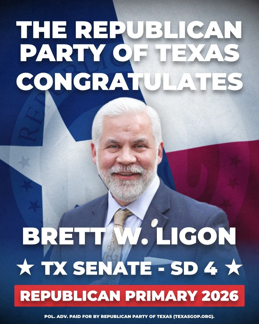 The Republican Party of Texas congratulates Brett W. Ligon on winning the Republican nomination for State Senator, District 4!