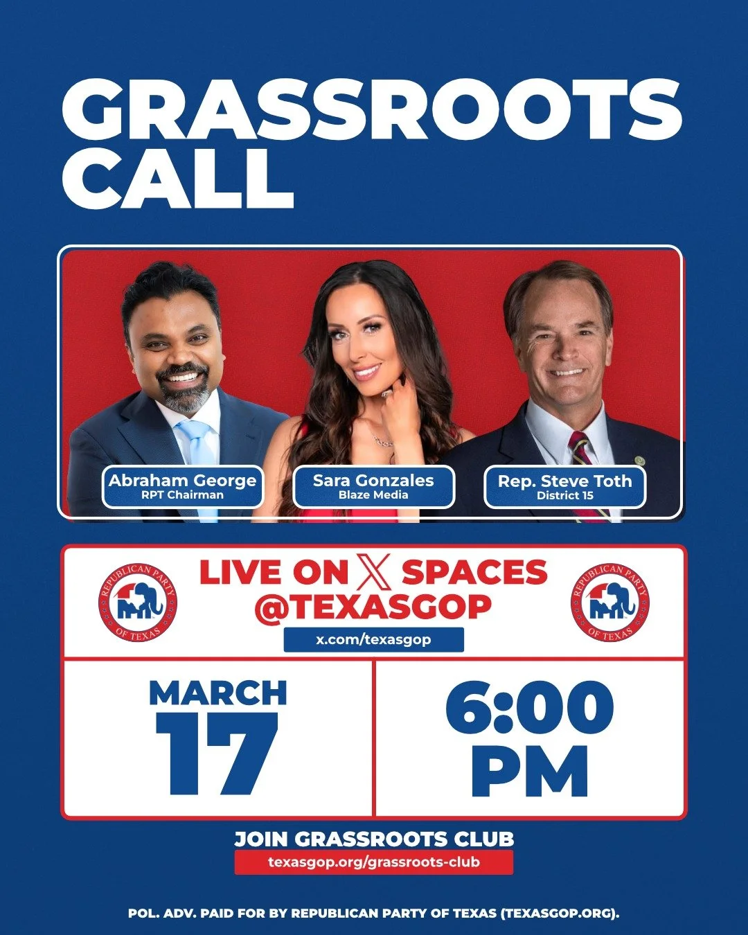 Texas Republicans - the grassroots are the backbone of this party.

Tonight, we&rsquo;re opening the conversation directly to YOU.

Join me, Sara Gonzales, and Rep. Steve Toth for our Grassroots Club call on X Spaces, where we&rsquo;ll talk about wha