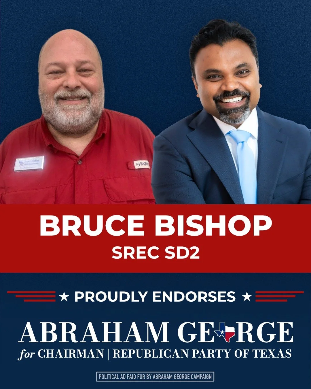 Strong parties are built by leaders who stay grounded in principle.

SREC Member Bruce Bishop has been a consistent voice for conservative values, and he&rsquo;s backing Abraham George to lead with clarity and purpose.

That&rsquo;s the kind of leade