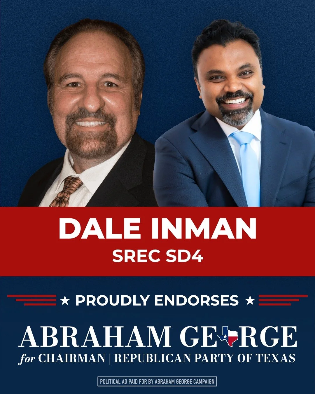 Those who help shape the direction of our party understand what&rsquo;s at stake.

As an SREC Member, Dale Inman has worked to keep the Republican Party strong, and he&rsquo;s backing Abraham George to lead it forward.

Leadership recognizes leadersh