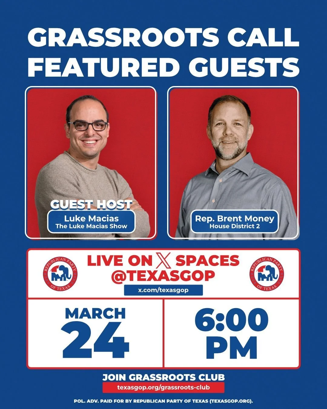 Next week on our Grassroots Club call, we&rsquo;re diving into issues Texans are focused on right now.

I&rsquo;ll be joined by Luke Macias and State Representative Brent Money as we take a closer look at the Sharia-Free Texas Caucus - what it is, wh