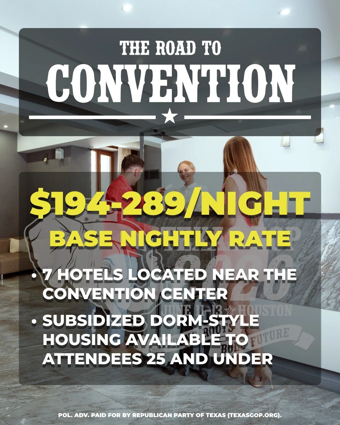 Planning ahead for State Convention?

Here&rsquo;s some great news - the Republican Party of Texas has secured 7 official hotels in downtown Houston near the George R. Brown Convention Center with room blocks for delegates at an affordable rate.

Her