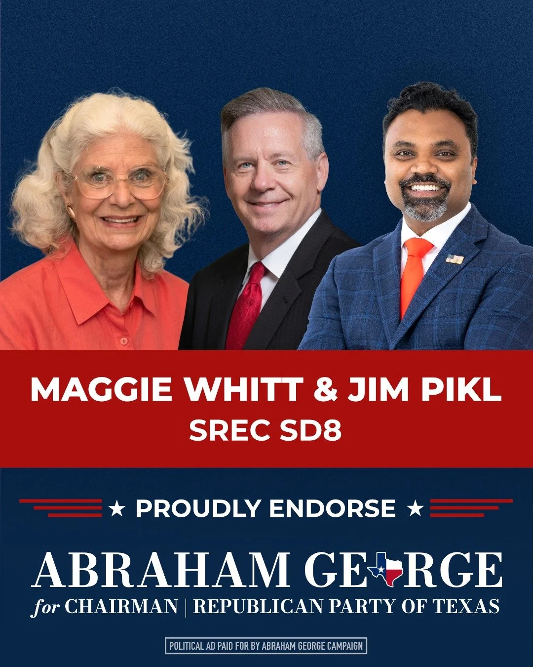 I&rsquo;m grateful to have the support of our SREC members in SD 8 - Maggie Whitt and Jim Pikl.

Maggie and Jim have been consistent voices for the grassroots and strong advocates for their district. Their leadership and commitment to this party are 