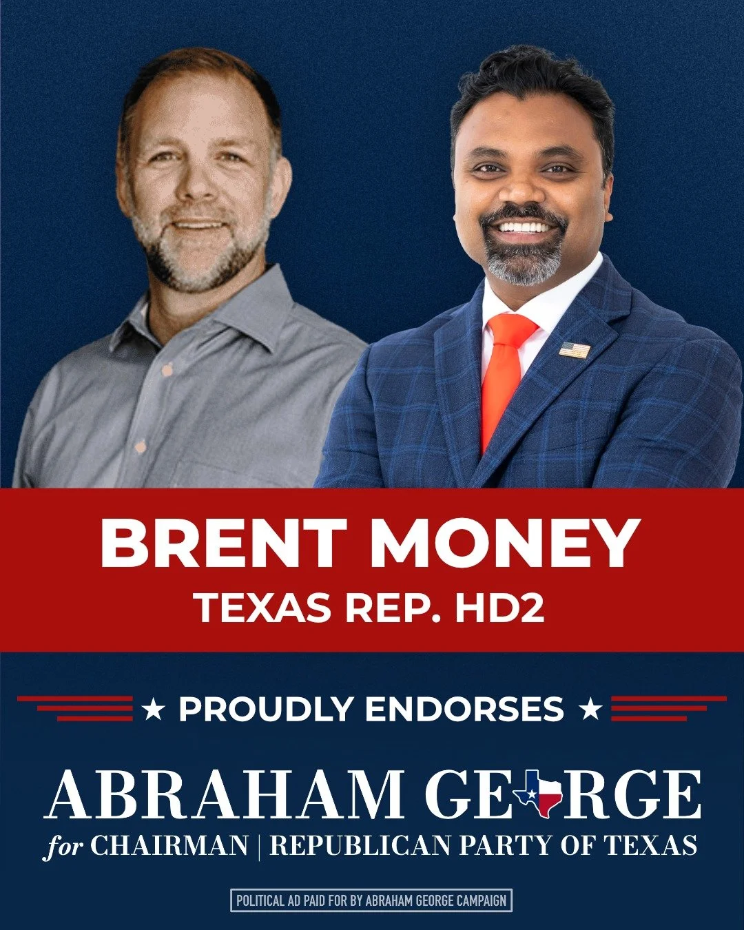 I&rsquo;m proud to have the endorsement of State Representative Brent Money. 

Brent is a sixth-generation Texan, a business owner, and a conservative who didn&rsquo;t wait for someone else to fix things - he stepped up, ran, and earned the trust of 