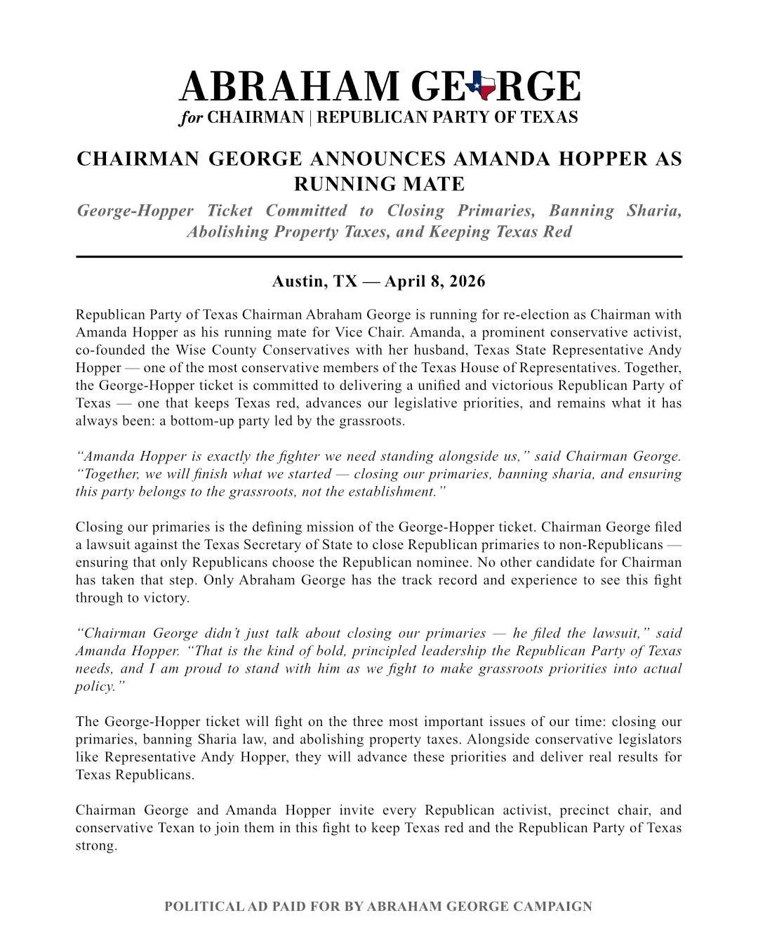 Chairman Abraham George Announces Amanda Hopper as Running Mate: The George-Hopper Ticket Vows to Close Primaries, Ban Sharia, Abolish Property Taxes, and Keep Texas Red.