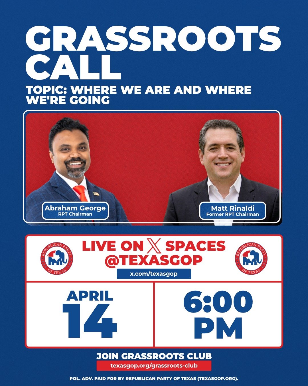 Two Chairmen.
Two eras of leadership.
One conversation that matters right now.

On Tuesday, April 14, Matt Rinaldi and Abraham George come together for a real conversation about where our party stands and where it&rsquo;s headed.

📅 April 14
⏰ 6:00 