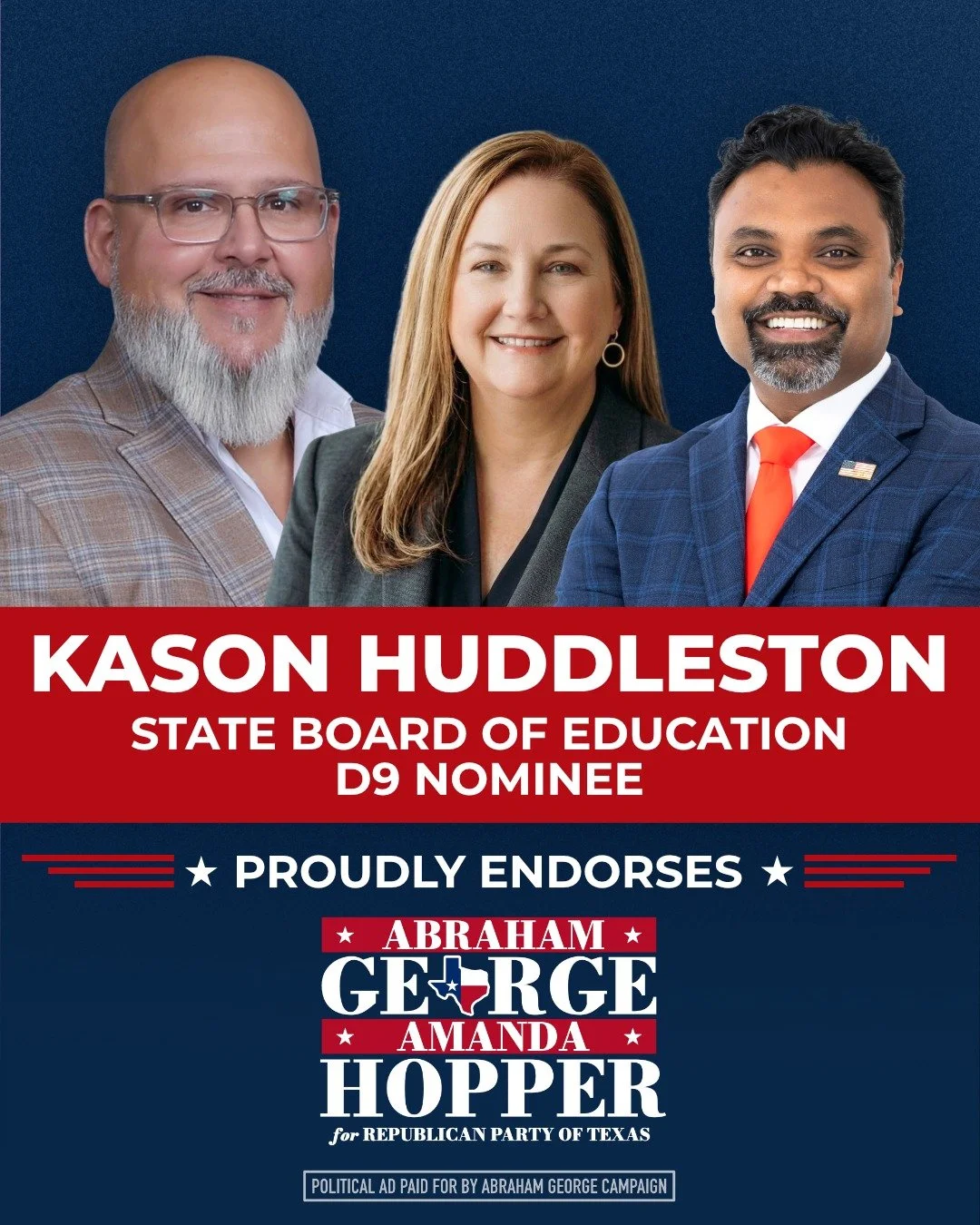 I&rsquo;m grateful to have the support of Kason Huddleston, nominee for SBOE District 9.

Kason&rsquo;s story is one of resilience, faith, and the kind of values that define Texas. A pastor for more than 35 years, he has dedicated his life to serving