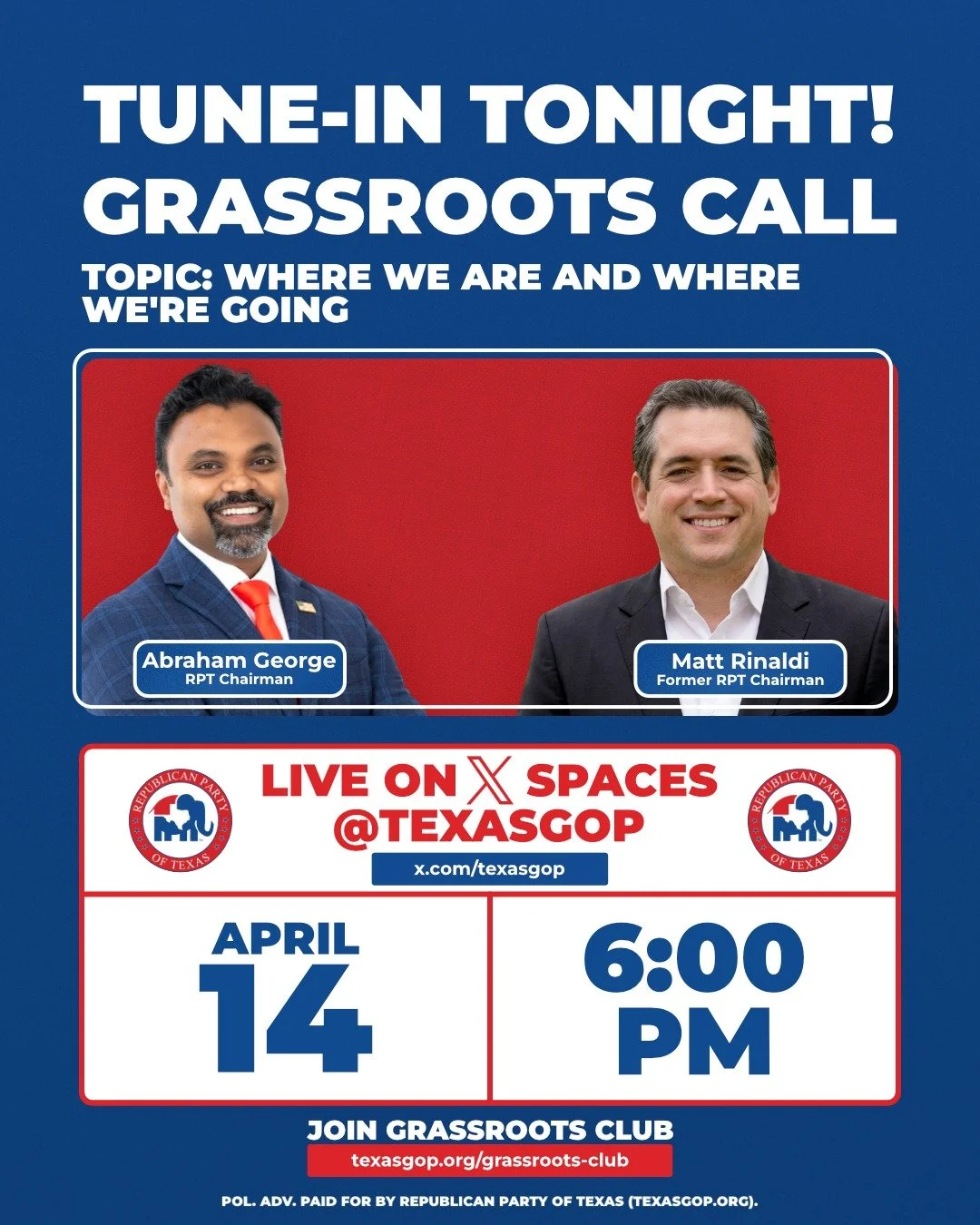 🔥 This is the conversation everyone&rsquo;s been waiting for. 🔥

Two proven leaders.
Real experience.
Real answers.

Tonight, Chairman Abraham George and former Chairman Matt Rinaldi go head-to-head on the issues shaping the future of the Republica