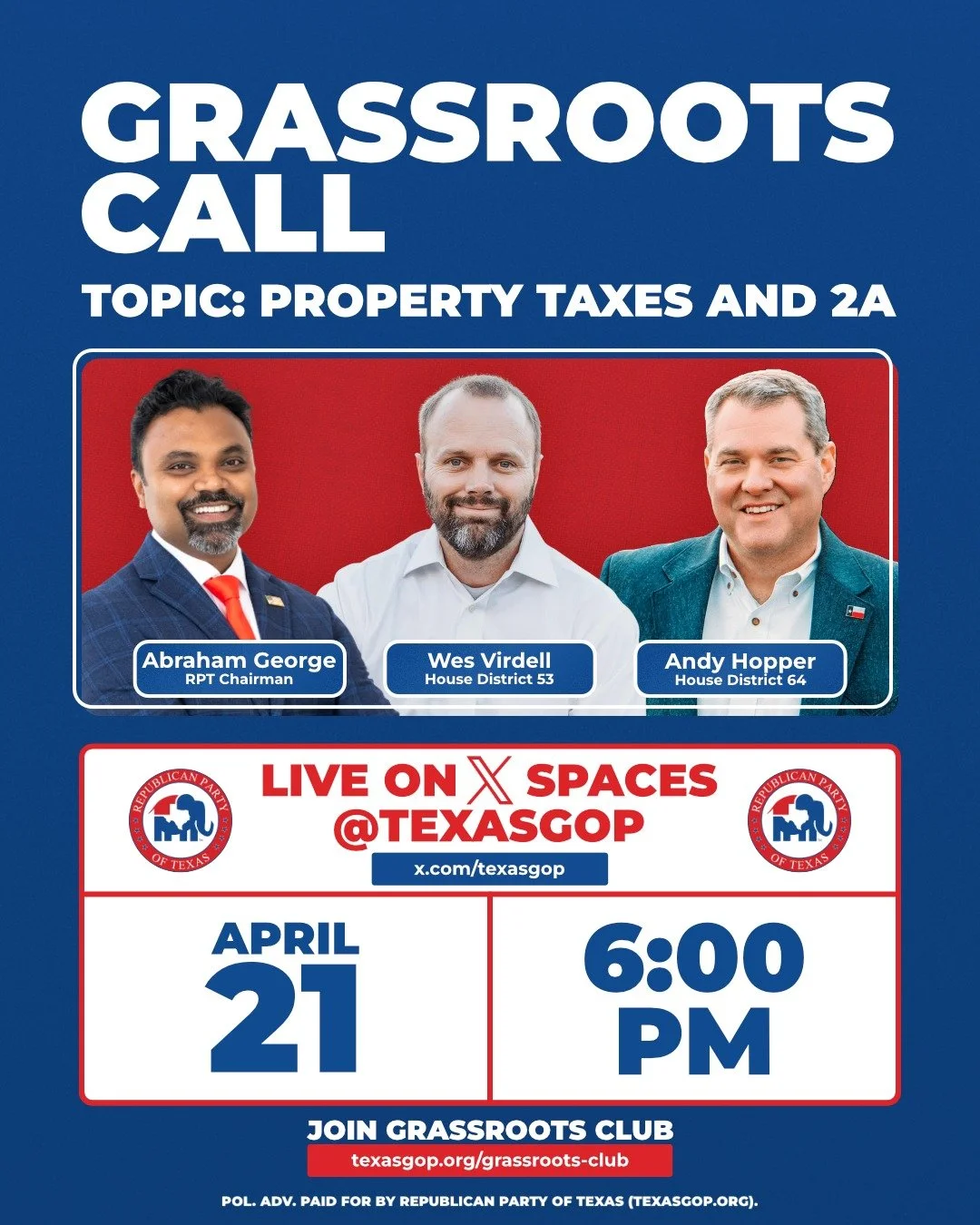 Two big issues.
Straight talk.
No scripted answers.

This Tuesday, we&rsquo;re joined by State Representatives Andy Hopper and Wes Virdell for a live discussion on where Texas goes next.

We&rsquo;ll cover:
▪️ The future of property taxes in Texas
▪️