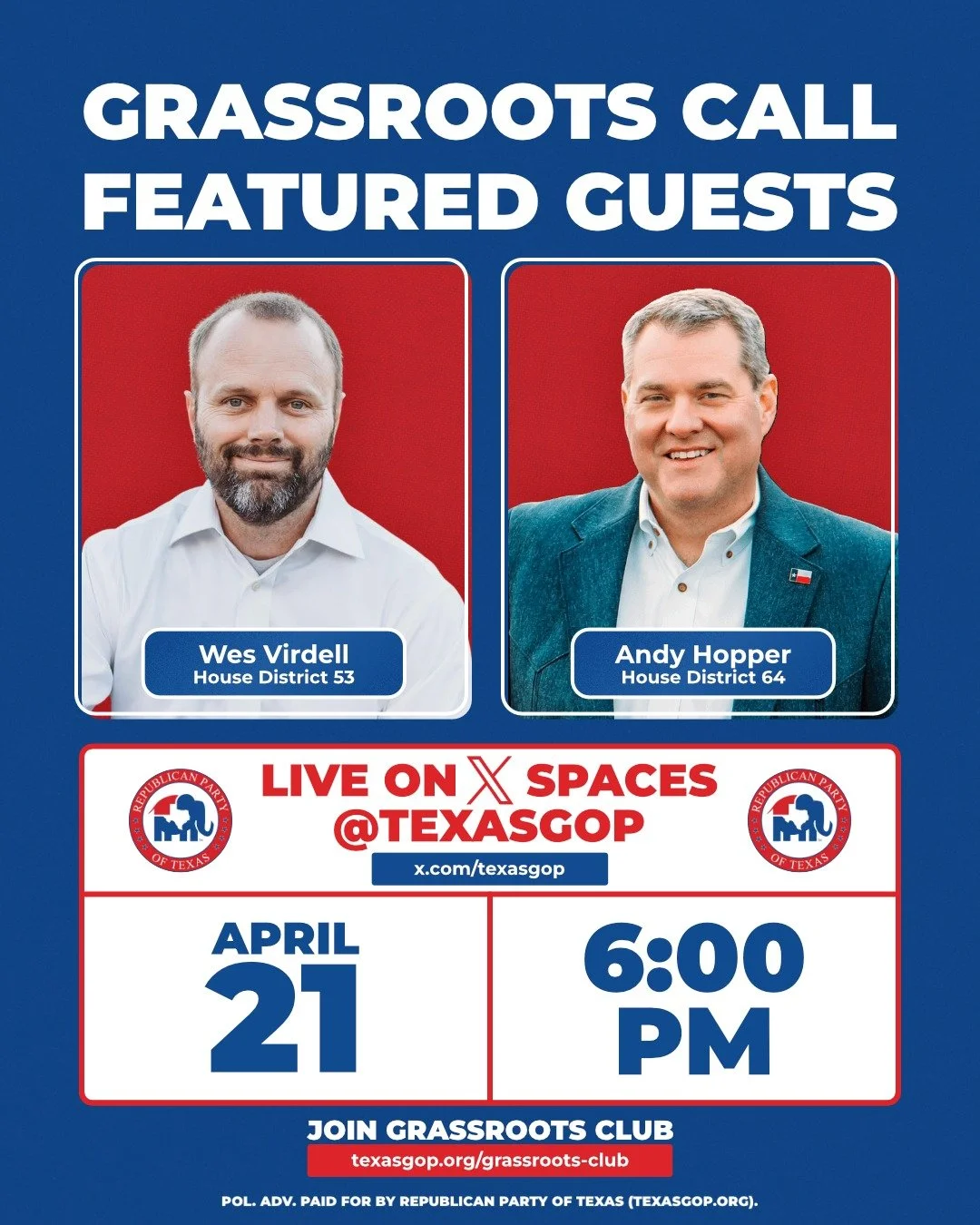Enough talk. Texans want action on property taxes and the Second Amendment.

Property taxes are crushing families.
The right to bear arms is constantly under attack.

On Tuesday at 6 PM, State Representatives Andy Hopper and Wes Virdell join us LIVE 