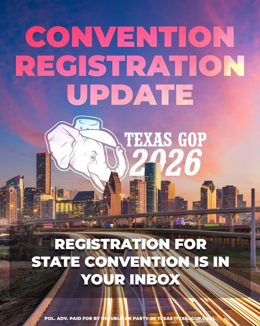 Check your inbox for your State Convention registration email. If you don&rsquo;t see it, be sure to check your spam or junk folder just in case.

We&rsquo;re excited to have you join us in Houston - go ahead and get registered, book your hotel, and 
