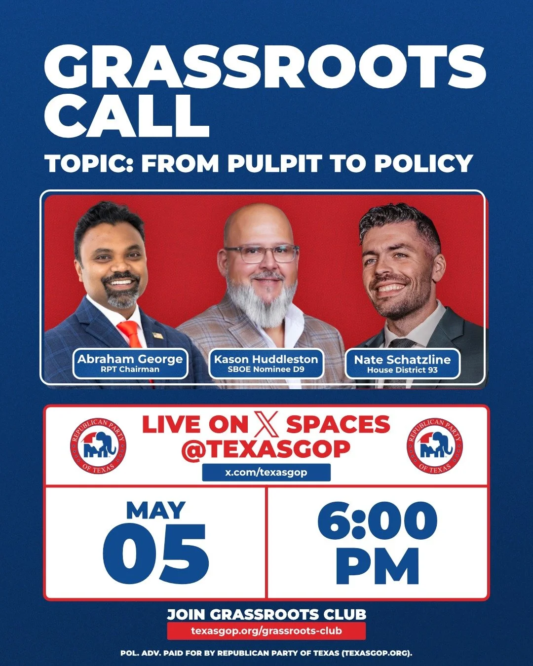 Texas wasn&rsquo;t built on quiet faith - it was built on faith that stood firm, spoke up, and shaped the course of this state. 

Next Tuesday at 6 PM, join the conversation with State Representative Nate Schatzline and SBOE Nominee Kason Huddleston.