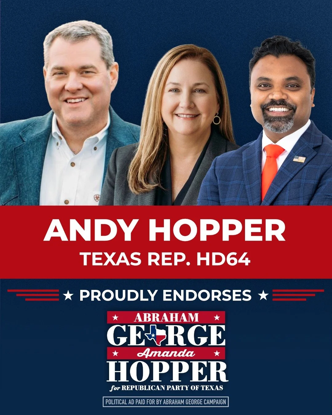 I&rsquo;m honored to have the support of Representative Andy Hopper.

Andy is exactly the kind of leader Texas needs - someone who didn&rsquo;t wait his turn or play politics, but stepped up and fought for our conservative priorities from day one. He