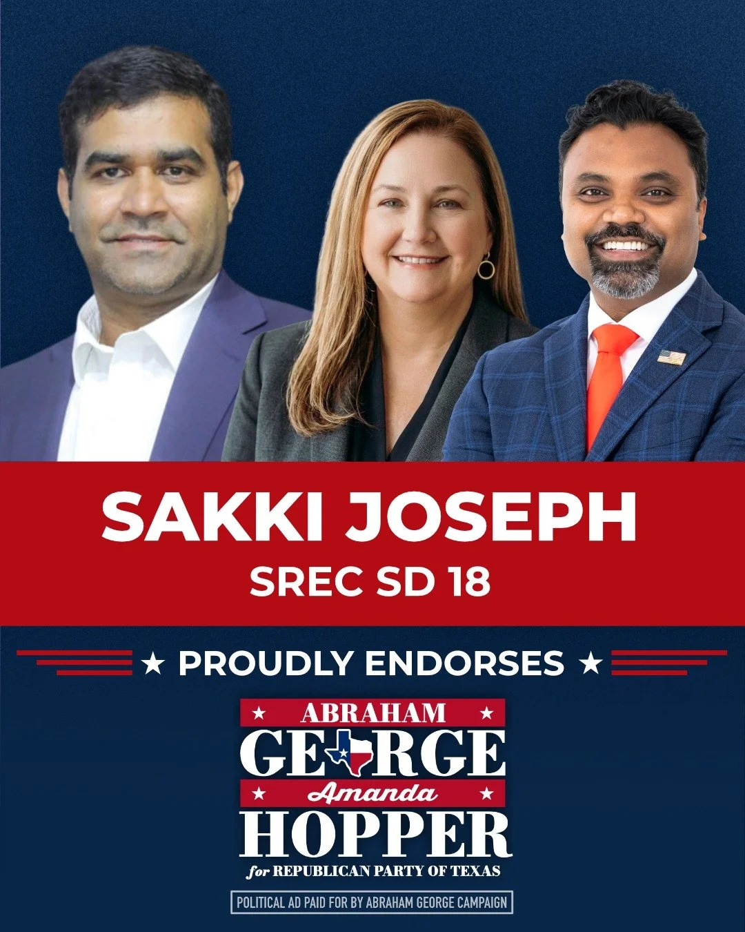 I&rsquo;m proud to have the support of Sakki Joseph, SREC Committeeman for Senate District 18.

Sakki represents exactly what our Party needs more of - steady leadership, strong grassroots engagement, and a clear commitment to conservative principles