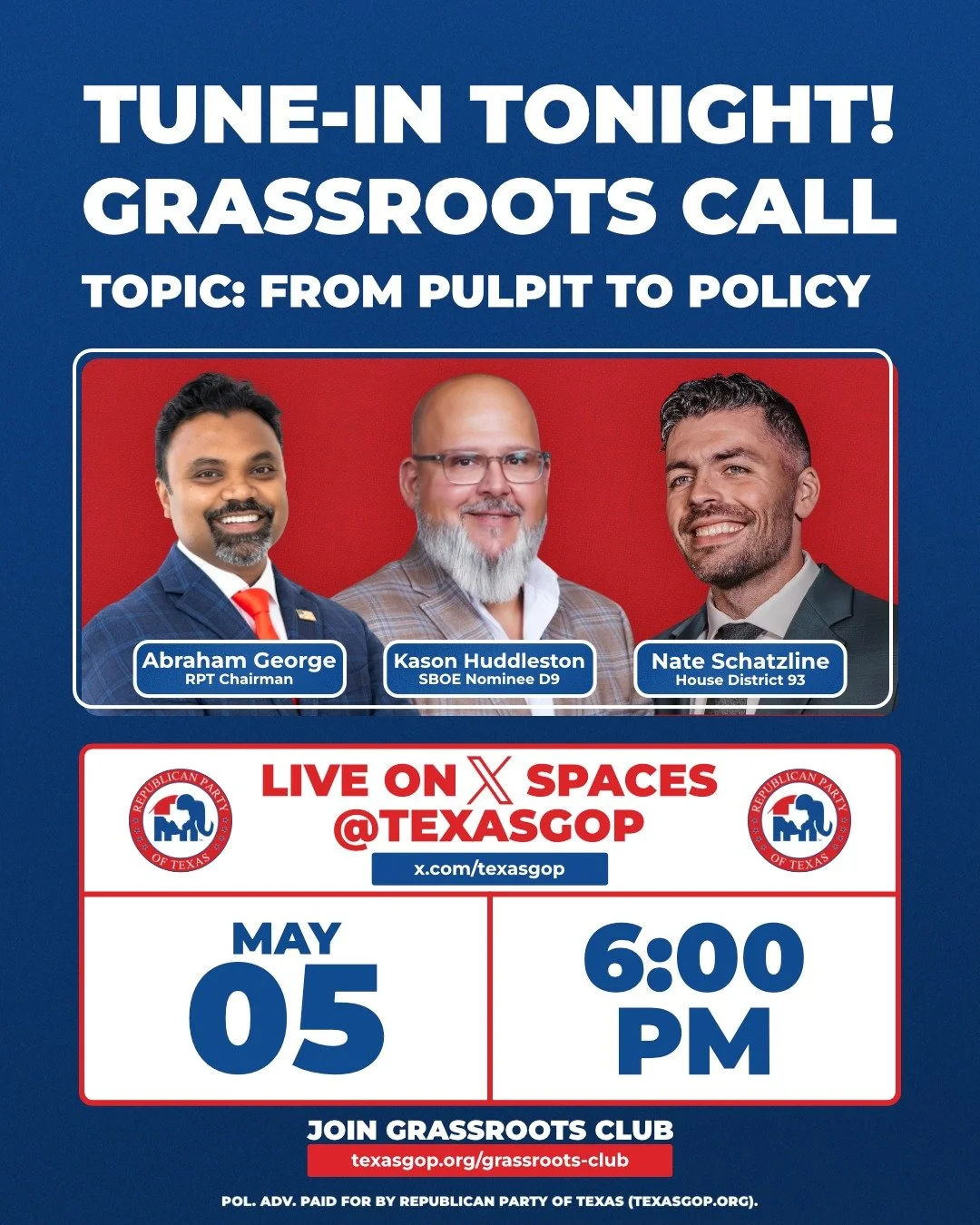 Tonight. 6 PM.

Faith isn&rsquo;t fading - it&rsquo;s taking ground.

Join us live with Nate Schatzline and Kason Huddleston as we talk about who&rsquo;s shaping the next generation, and what&rsquo;s at stake for Texas. There will be no sugarcoating 