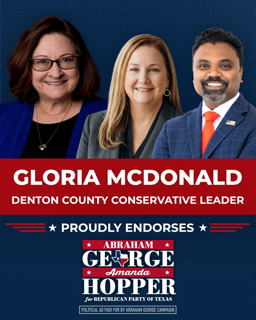 I&rsquo;m proud to have the support of Gloria McDonald.

Gloria is exactly the kind of grassroots leader that keeps our Party strong from the ground up. As a precinct chair in Denton County, she&rsquo;s not just showing up, she&rsquo;s building. She&