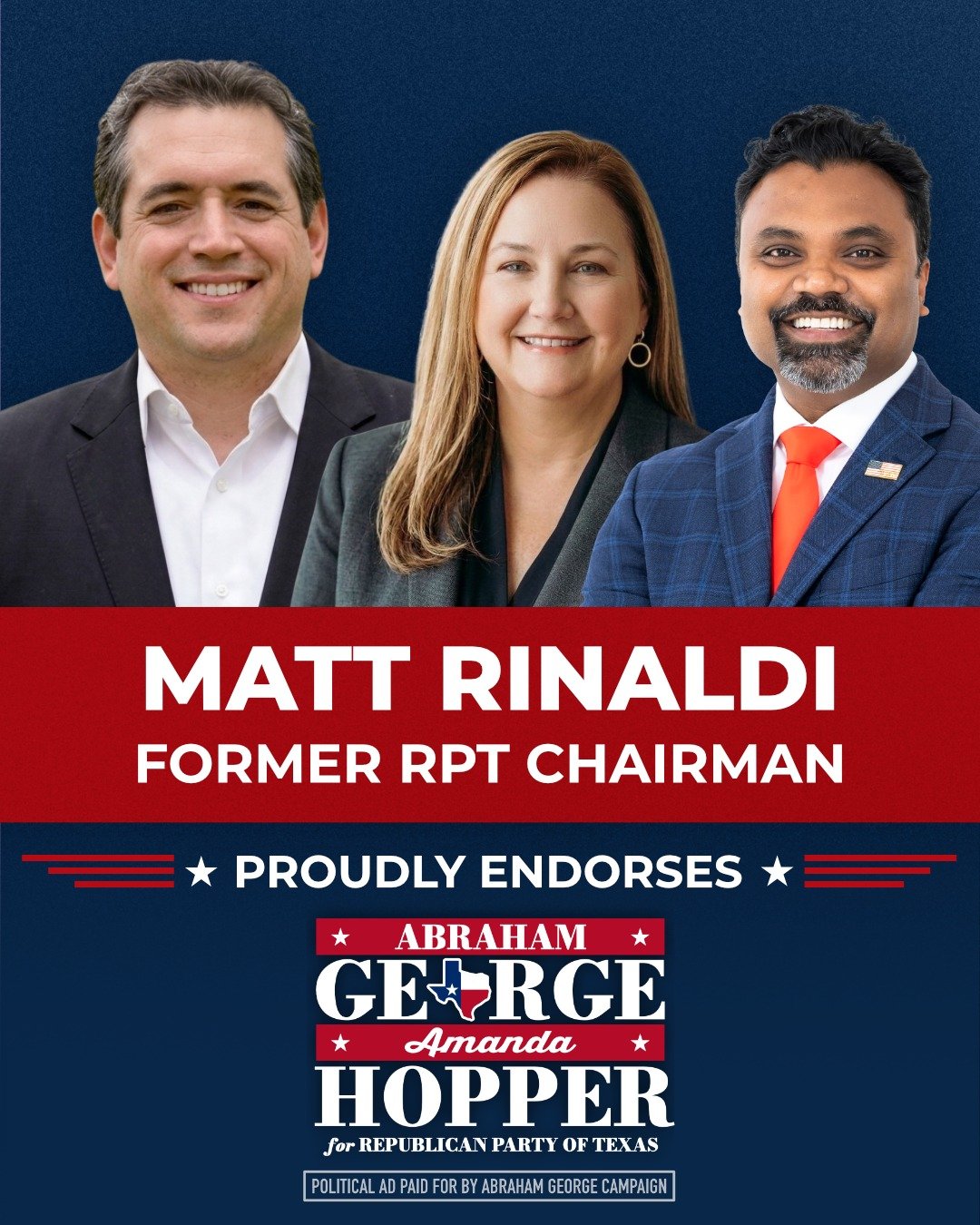 I&rsquo;m honored to have the support of Matt Rinaldi, someone who knows exactly what it takes to lead the Republican Party of Texas.

Matt led this Party through some of its toughest moments, and he never backed down from standing on principle or ho