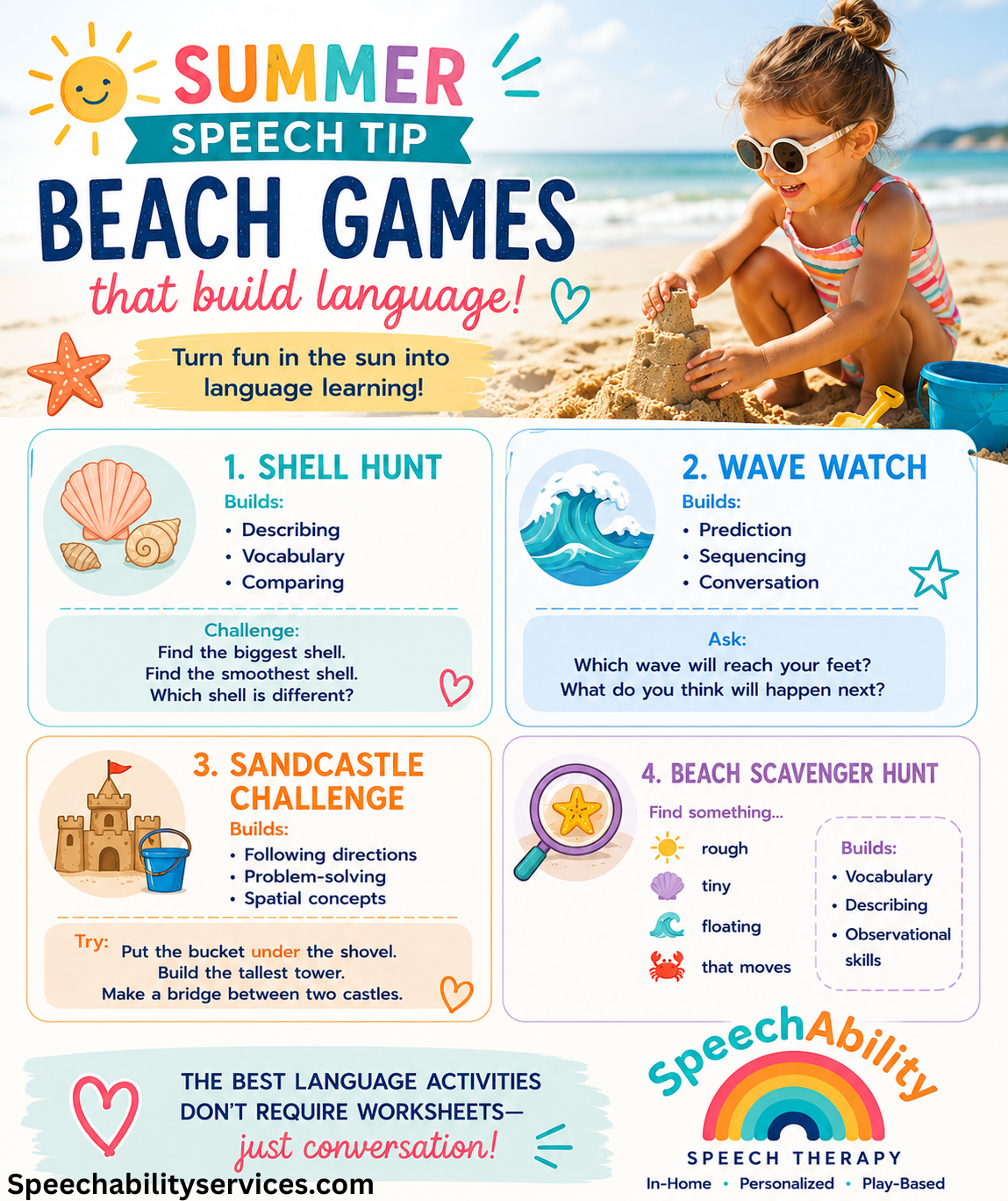 A day at the beach is full of opportunities to build speech and language! These fun, play-based activities encourage vocabulary, describing, problem-solving, and conversation, all while making lasting summer memories together.