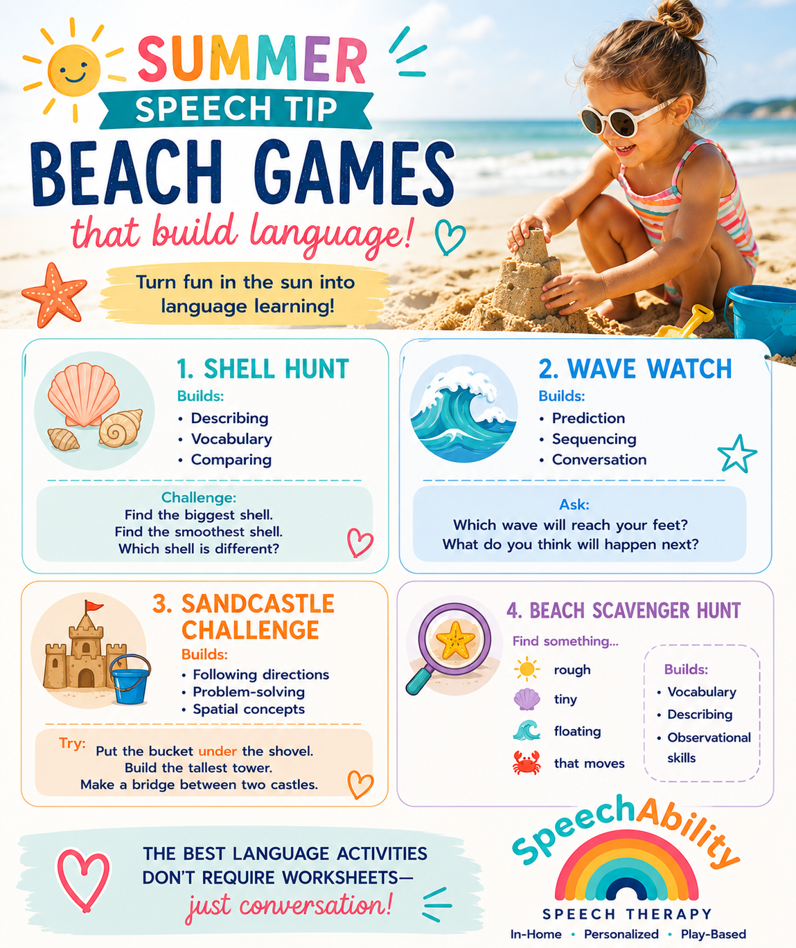 A day at the beach is full of opportunities to build speech and language! These fun, play-based activities encourage vocabulary, describing, problem-solving, and conversation—all while making lasting summer memories together.