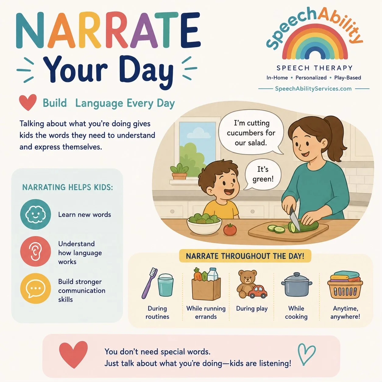 Narrating everyday activities is one of the easiest ways to build your child's vocabulary and language skills. Learn simple ways to turn routines like getting dressed, cooking, and driving into rich language-learning opportunities.