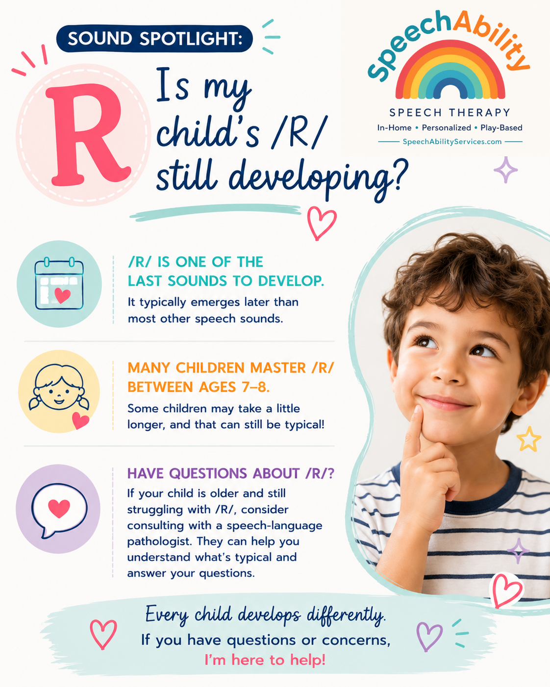 The /R/ sound is one of the last speech sounds to develop and is often mastered later than many other sounds. While many children continue refining /R/ into the early elementary years, persistent difficulty beyond the expected developmental age may b