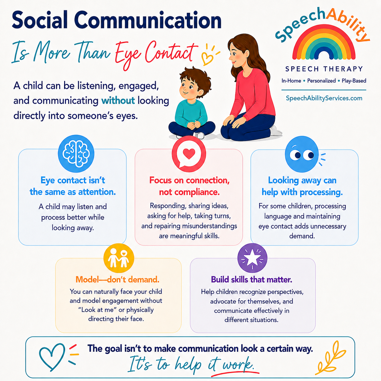 A child can be listening, engaged, and communicating without looking directly at someone. Learn how to focus on meaningful connection and communication rather than requiring eye contact.