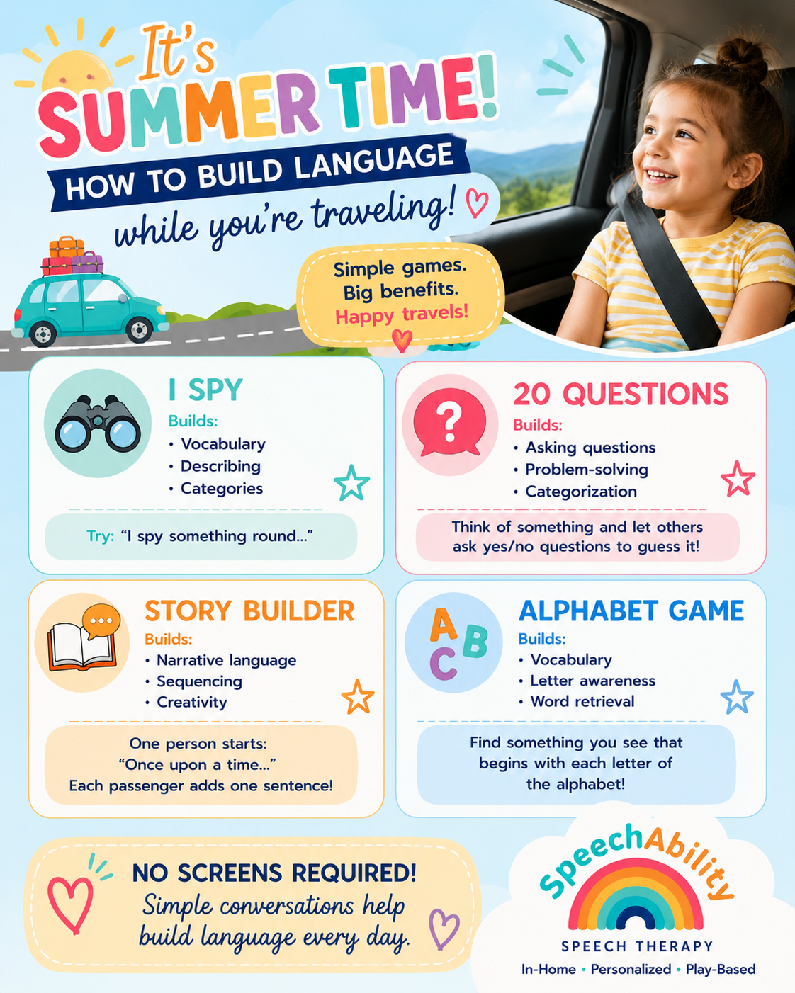 Road trips are a great time to build communication through play and conversation. These simple, screen-free games encourage vocabulary, storytelling, problem-solving, and family connection along the way.