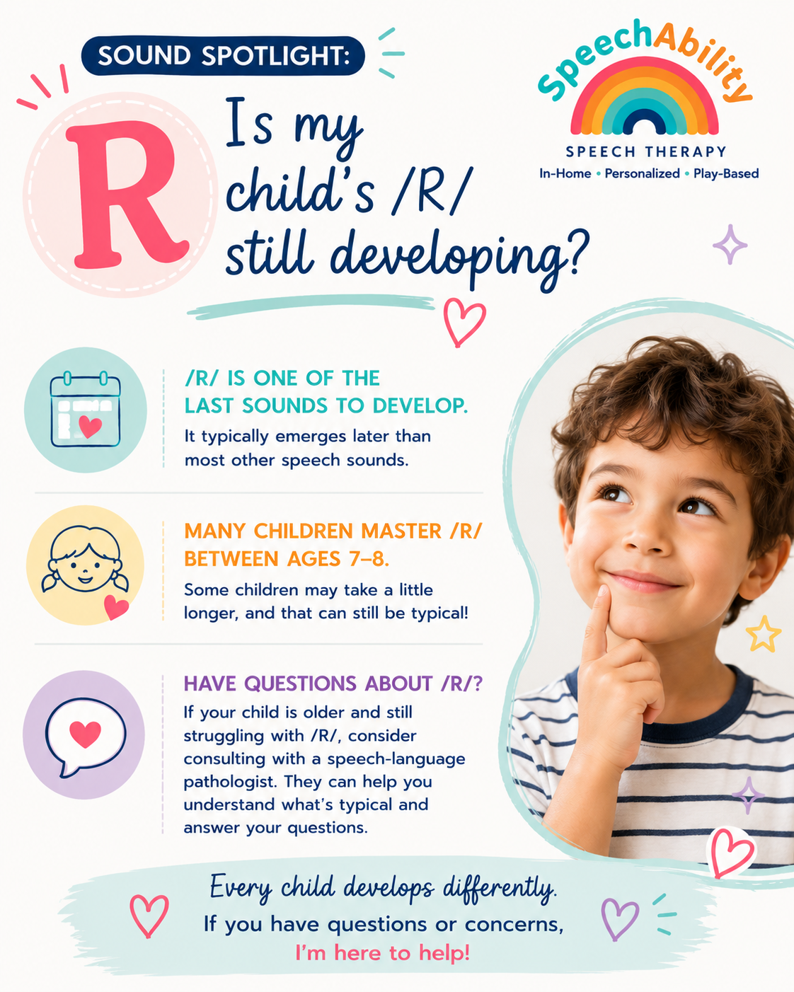 The /R/ sound is one of the last speech sounds to develop and is often mastered later than many other sounds. While many children continue refining /R/ into the early elementary years, persistent difficulty beyond the expected developmental age may b