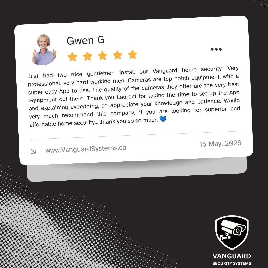 Another 5-star review rolling in! 🌟

Gwen and her family in our community just had their Vanguard home security system installed and couldn't be happier. Professional installation, top-of-the-line AI camera equipment, and a super easy app to manage 