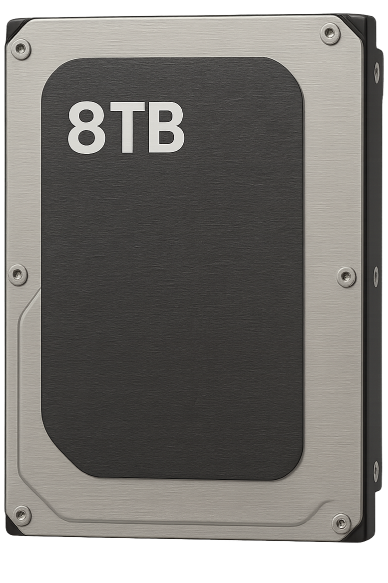 A black and silver external hard drive with a label indicating 8 terabytes of storage.