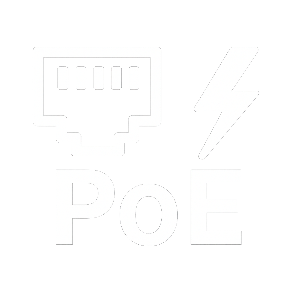 Graphic with a pixelated computer port icon, a lightning bolt, and the word 'POE' in bold letters.