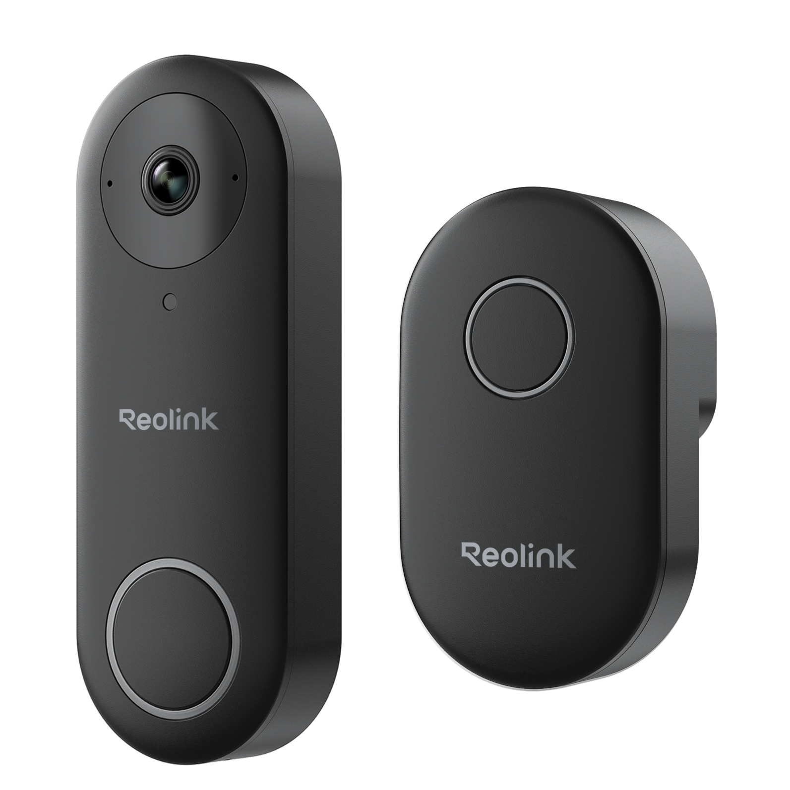 Two black Reolink security cameras with rounded rectangular shapes, one with a visible camera lens at the top and the other showing a circular element on its front.