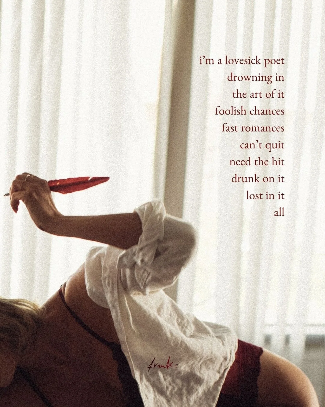 the poem that started it all 🥀

in the depths of heartbreak, on my knees in the shower, blinded by tears and sick with despair, i scrubbed ink off my hands. staring down at raw palms, the wet floor, soaked pages, the chaos around me. i threw my head