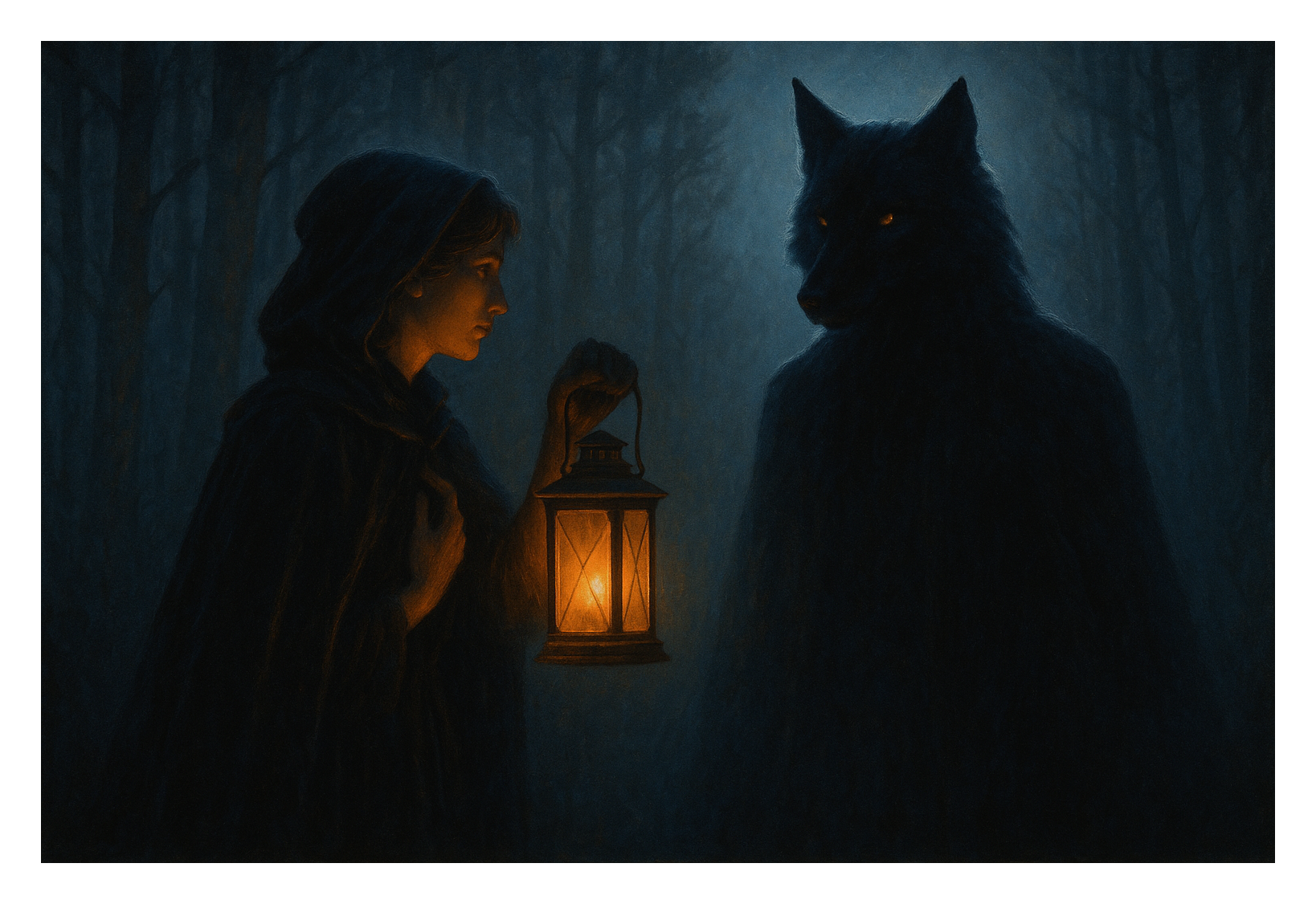 A woman holding a lantern faces a large black wolf-like creature with glowing eyes in a dark, foggy forest.