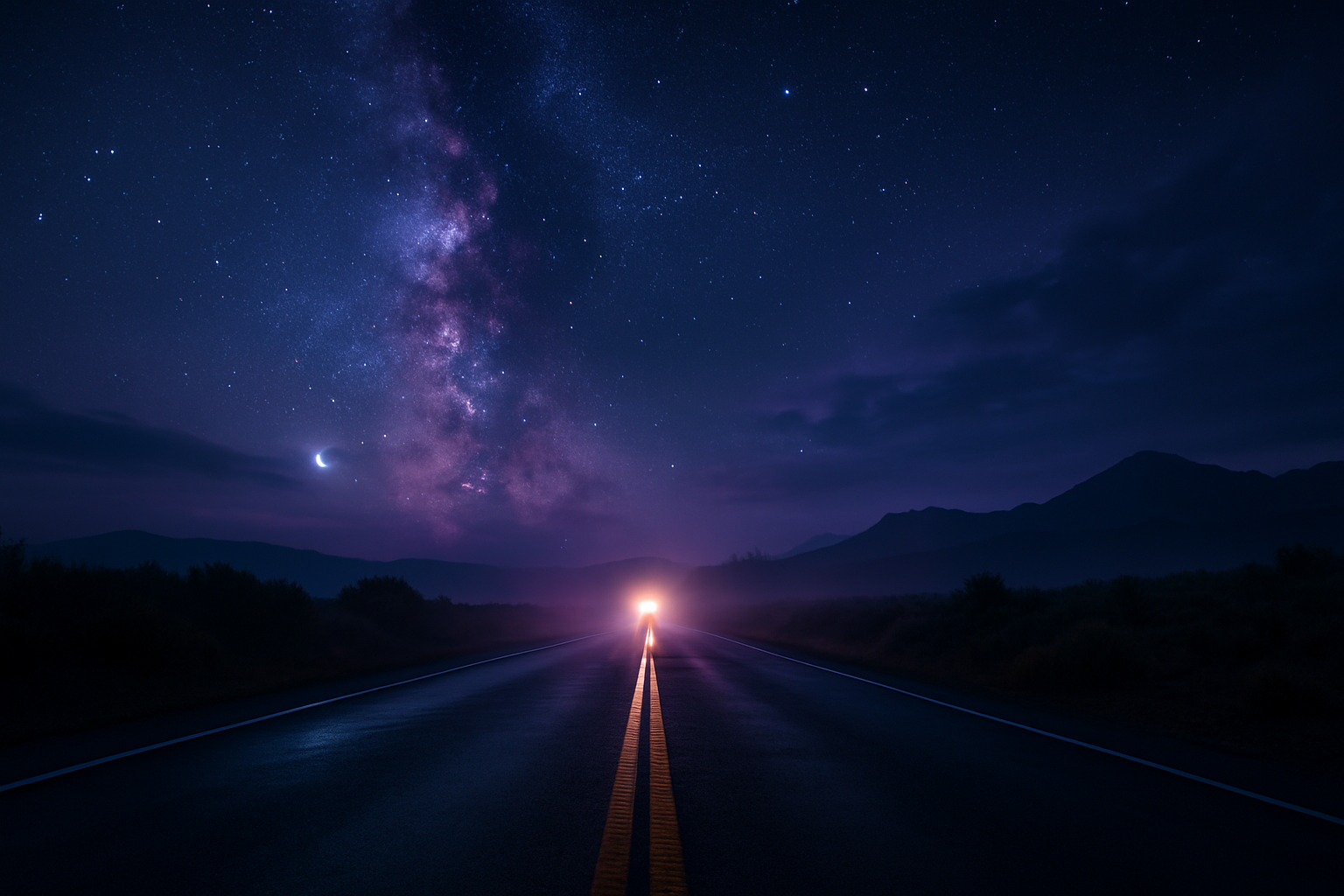 A nighttime landscape featuring a straight open road leading toward distant mountains under a starry sky with the Milky Way and a crescent moon.