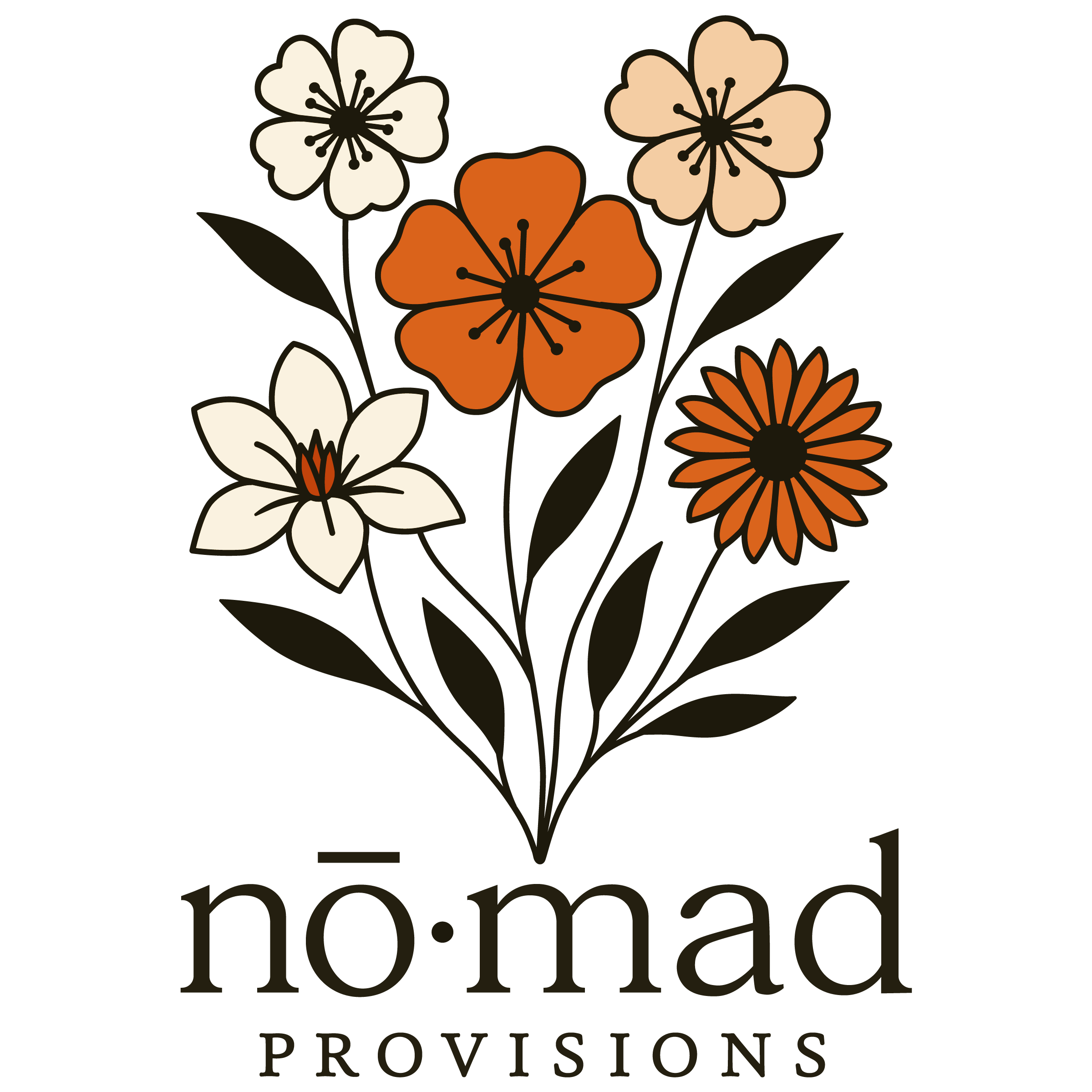 Logo for nō·mad PROVISIONS featuring a bouquet of five stylized flowers in cream, orange, and beige with dark stems and leaves, and the text 'nō·mad PROVISIONS' below.