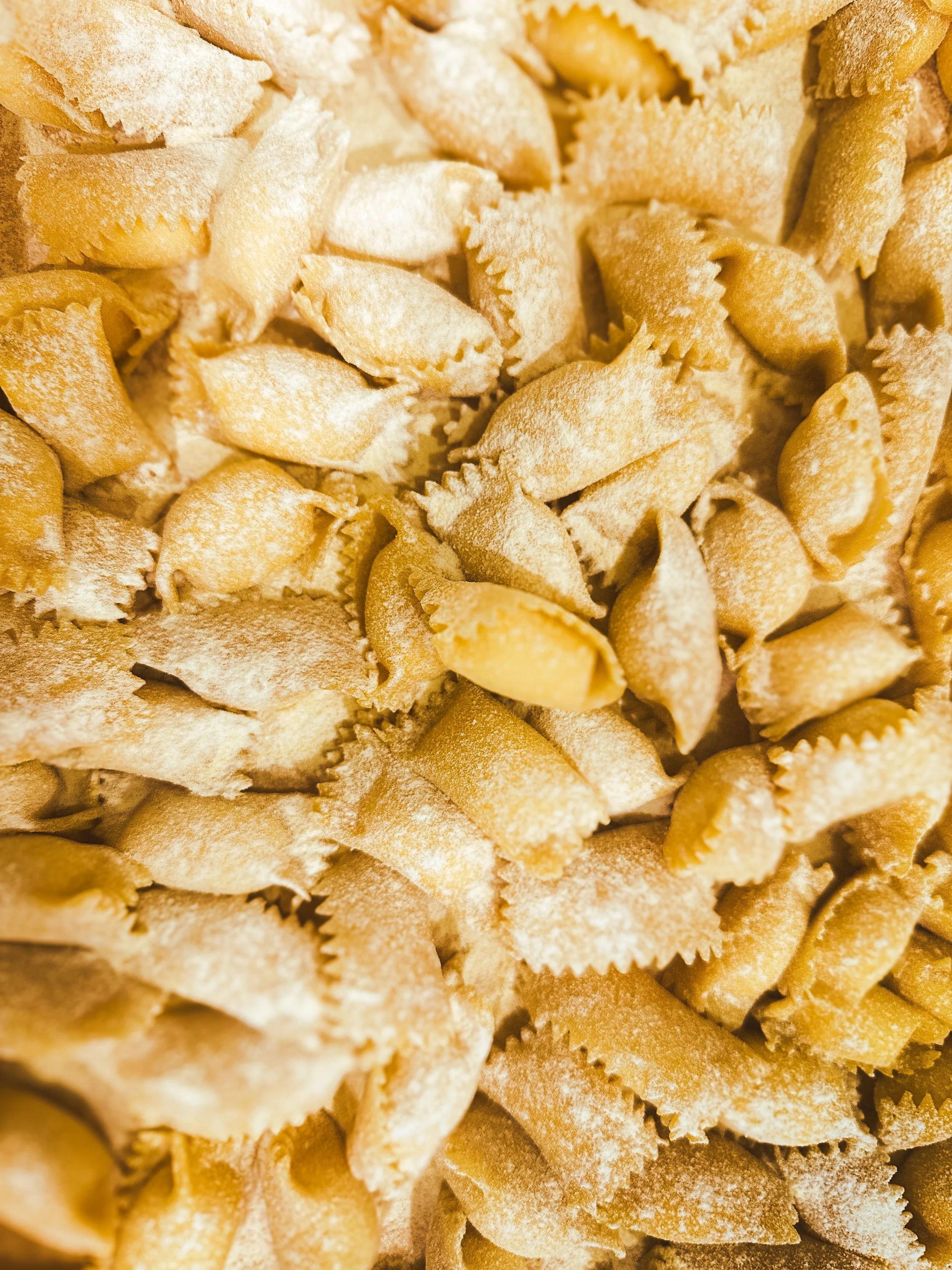 Close-up view of uncooked pasta in a container.