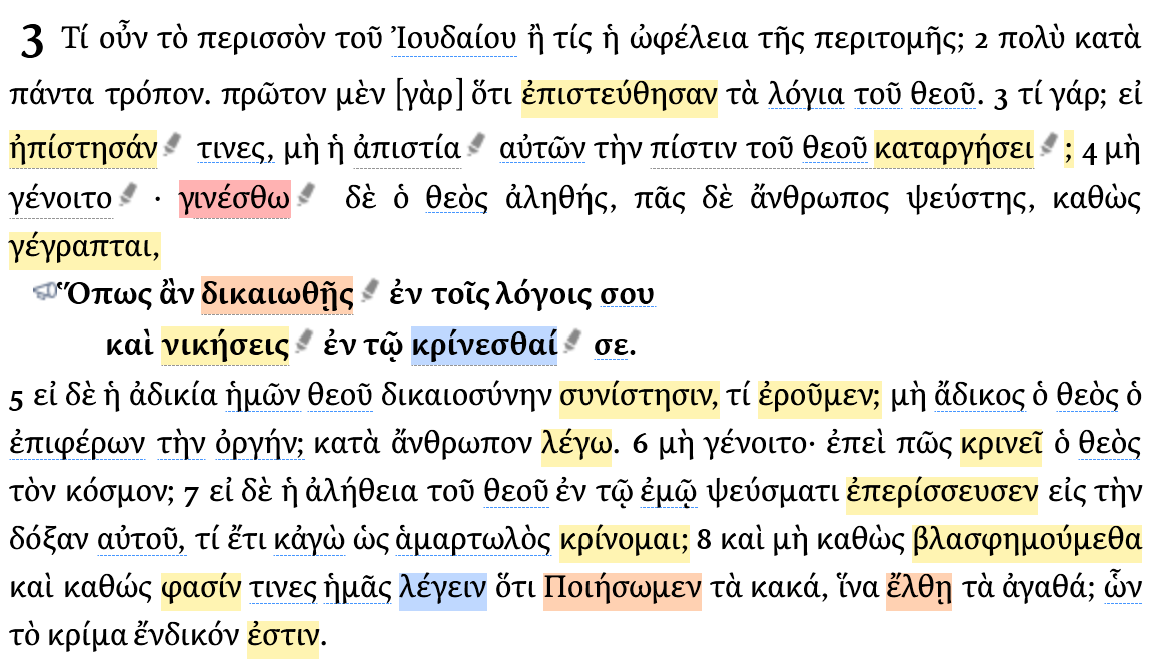 Koine Greet text is marked up with different colours to identify different cases of verbs