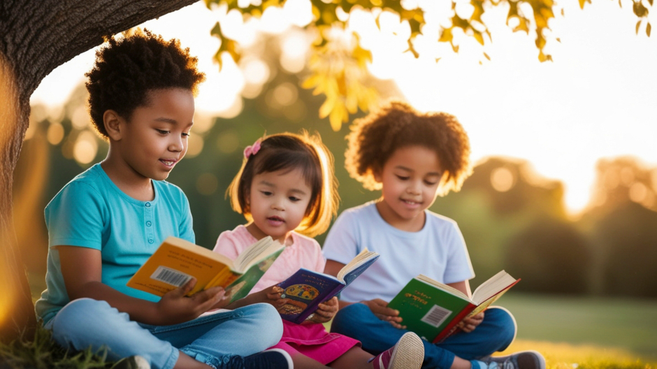 kids reading picture books outside under a tree