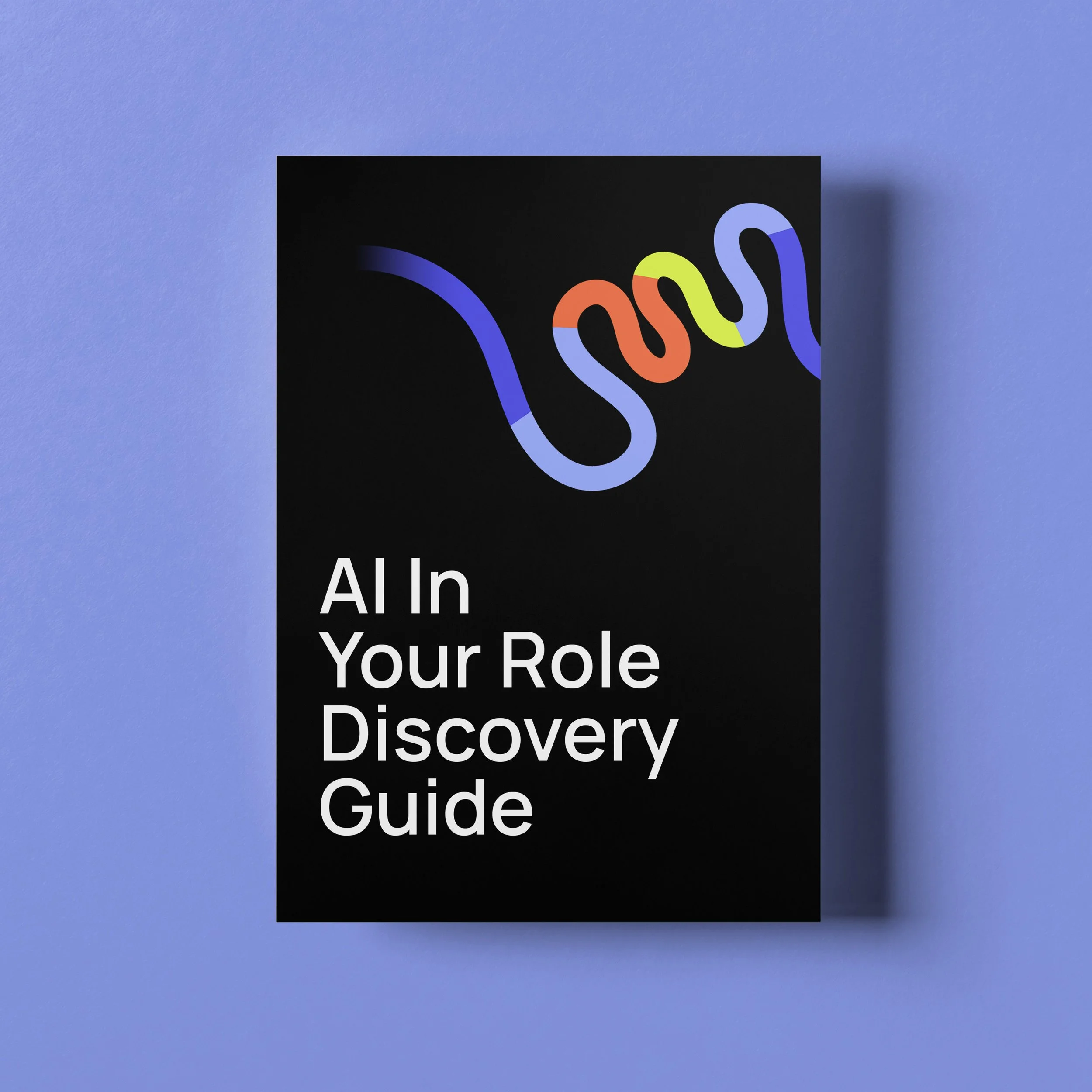 Black booklet titled 'AI In Your Role Discovery Guide' with a colorful, abstract wavy line design on a blue background.