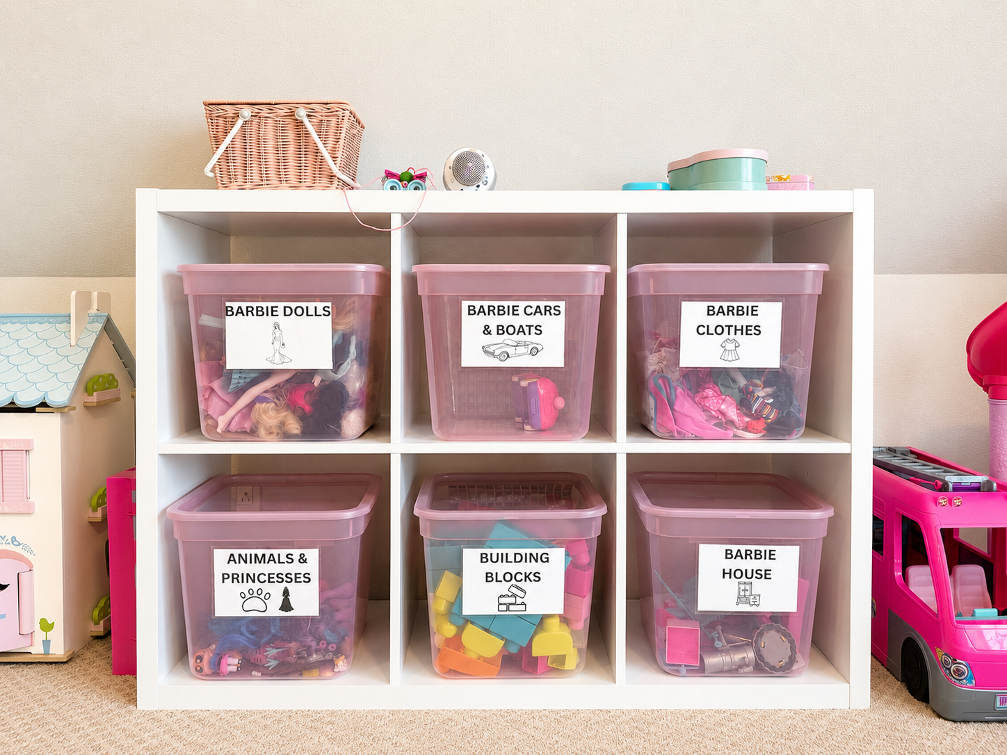 Organized toy storage with six labeled pink containers in a white cubby shelf, containing Barbie dolls, cars, clothes, animals, building blocks, and a Barbie house.