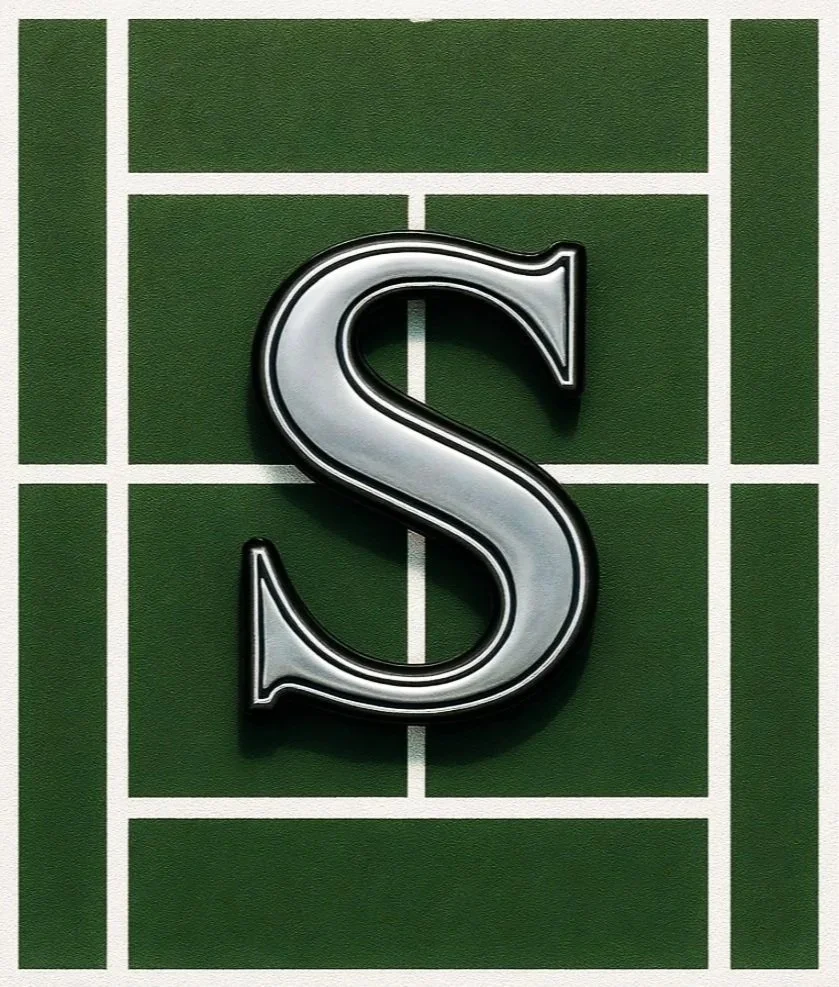 A tennis court with a large metallic letter 'S' in the center.