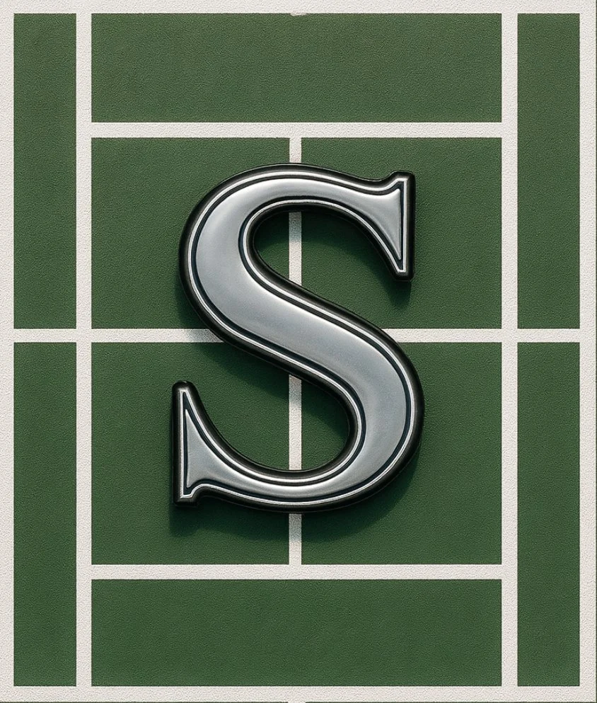 A tennis court with a large silver letter S placed in the center of the green surface.
