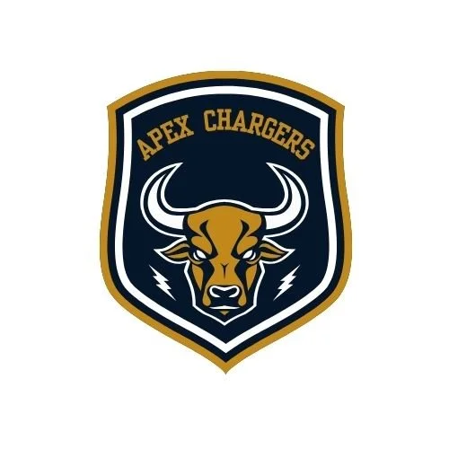 Logo of a sports team named Apex Chargers featuring a stylized charging bull in black, gold, and white with lightning bolts and a navy background.