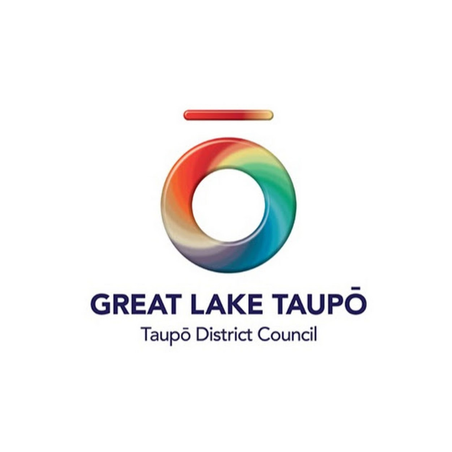 Logo of Great Lake Taupō with a rainbow-colored circular design and a bar above it, accompanied by the text 'GREAT LAKE TAUPŌ' and 'Taupō District Council' in blue.