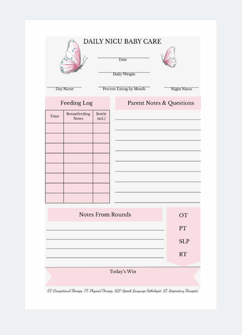 Daily NICU baby care chart with pink butterfly illustrations at the top. Sections for recording date, daily weight, nursing notes, feeding log, parent notes, questions, and notes from rounds. Abbreviations for therapy types are listed at the bottom.