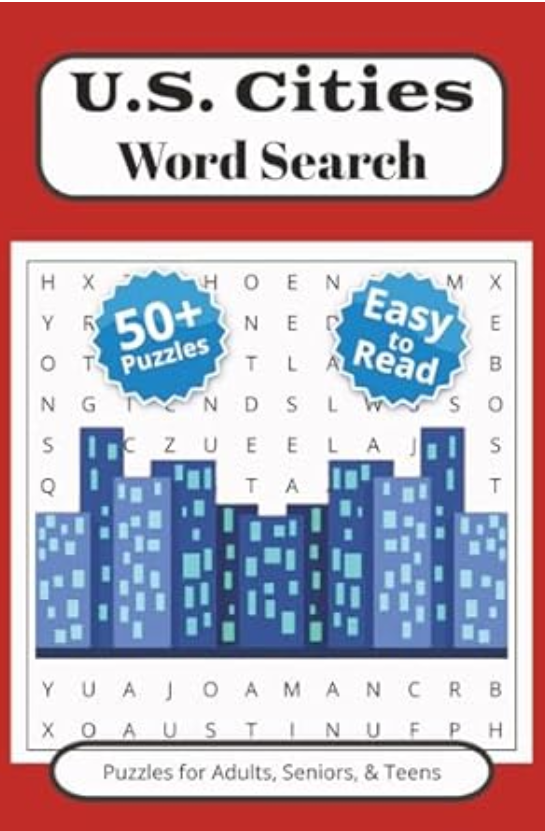 Cover of a word search puzzle book titled "U.S. Cities Word Search" with a city skyline illustration, two blue circular badges indicating "50+ Puzzles" and "Easy to Read," and a note that it is for adults, seniors, and teens.